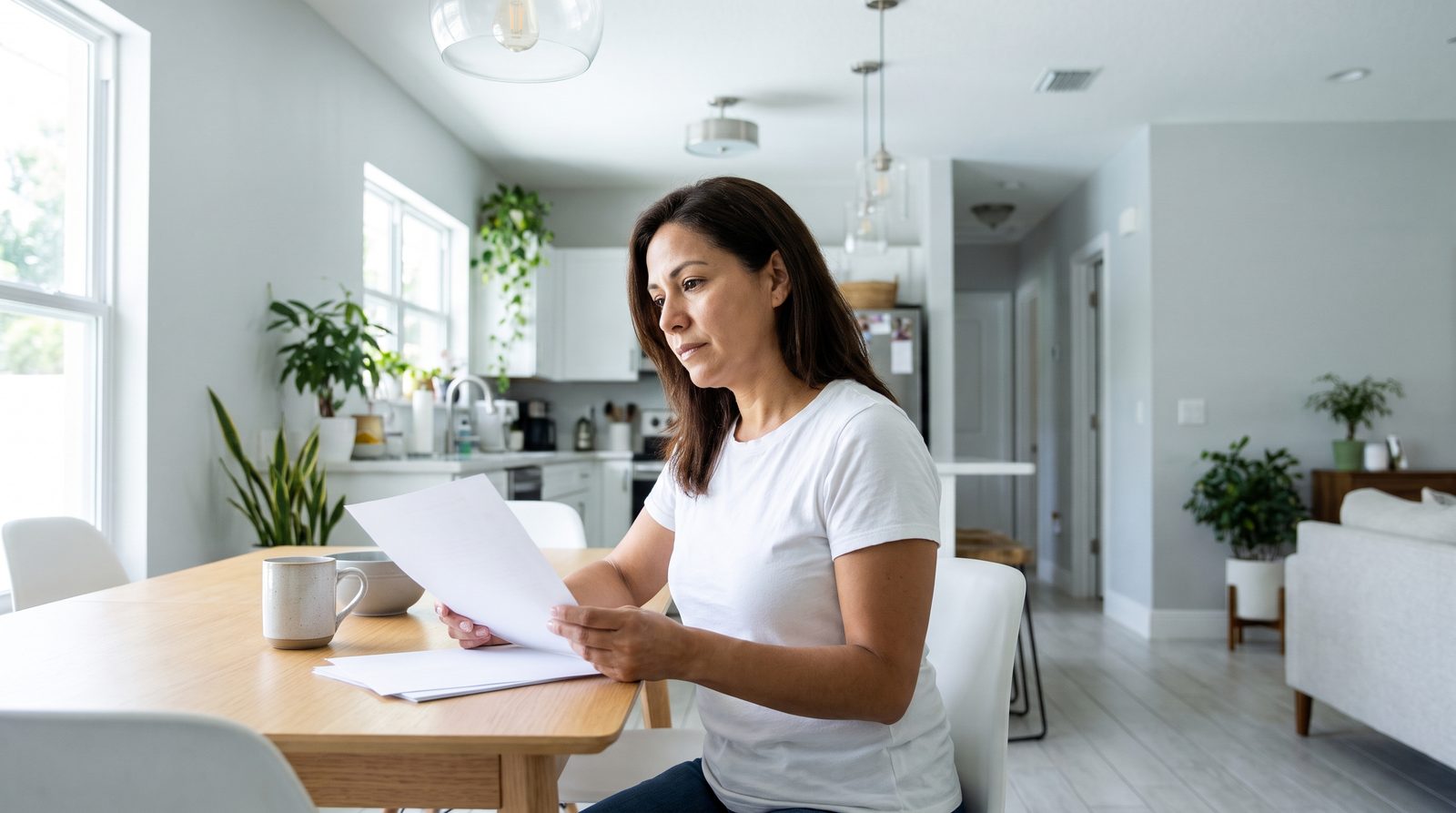 A woman works through a stack of paperwork at her kitchen table.