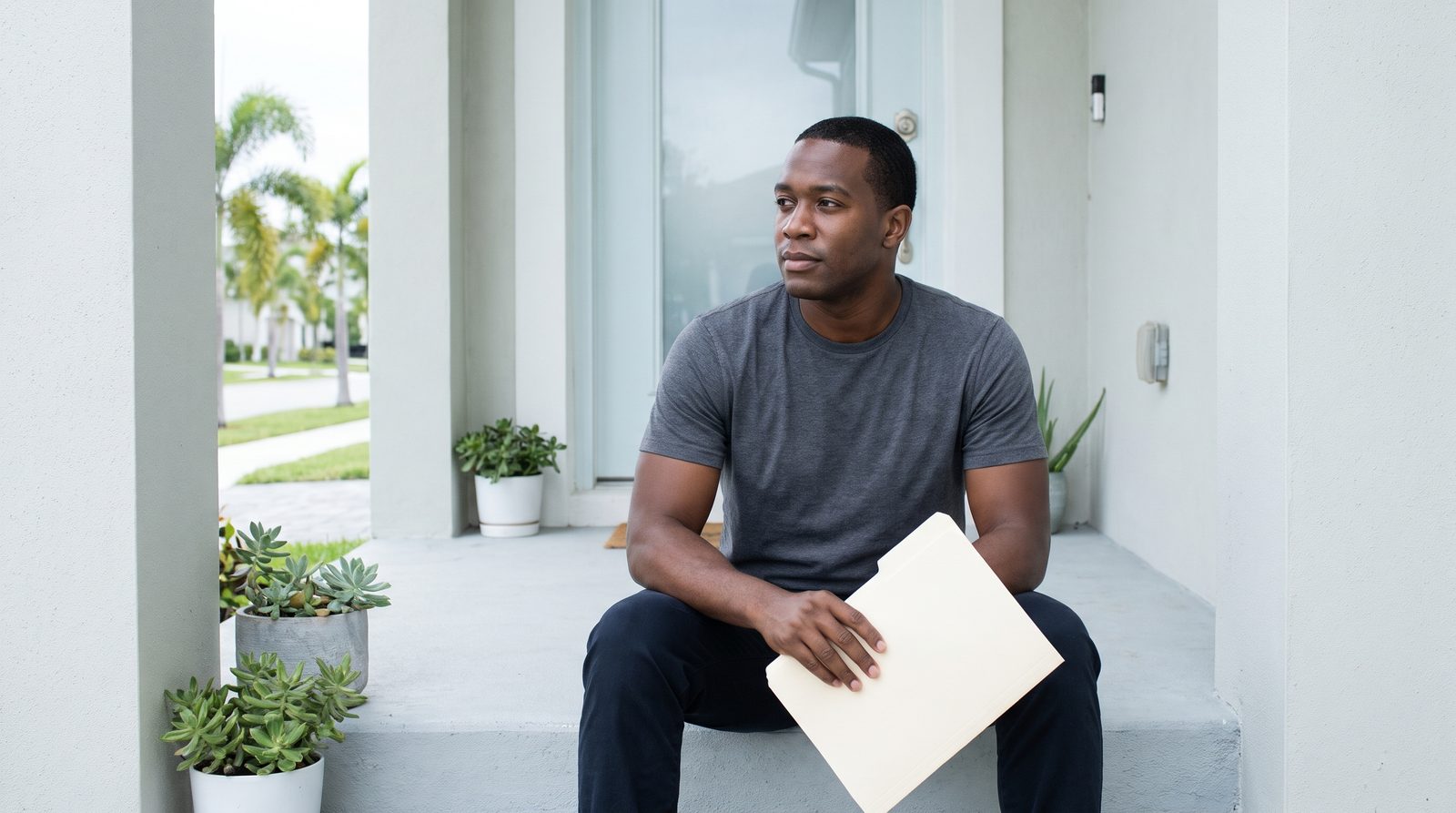 A man sits on his front step with a closed folder on his knees.