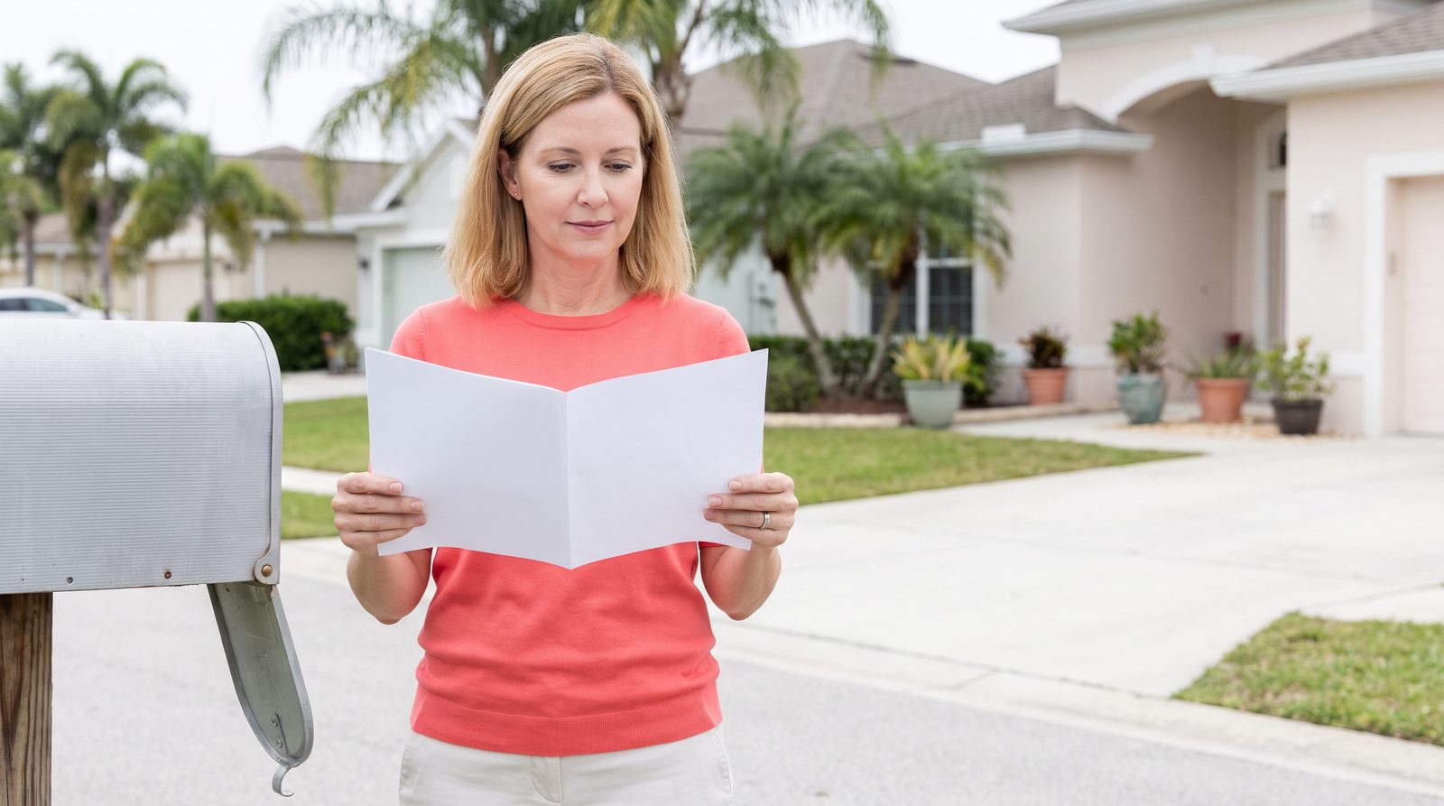 A woman reads an opened letter standing at her mailbox.