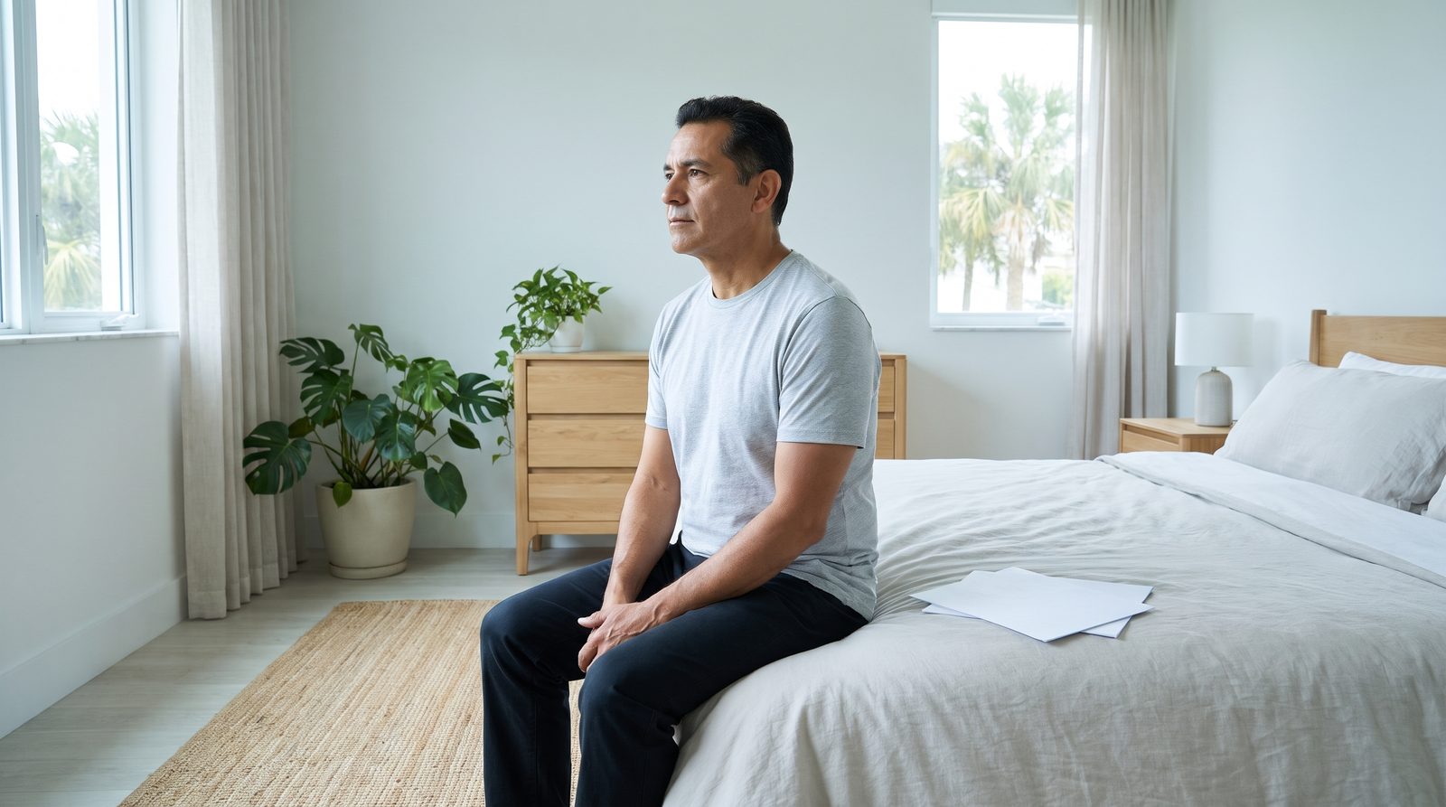 A man sits on the edge of his bed with papers beside him.