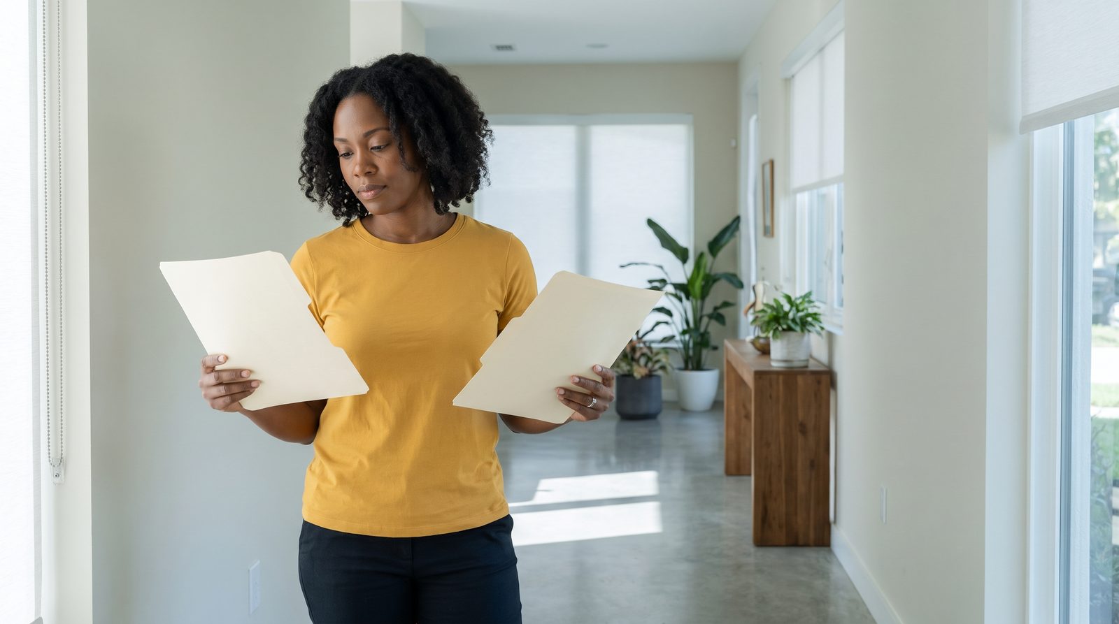 A woman stands in a hallway holding a folder in each hand.