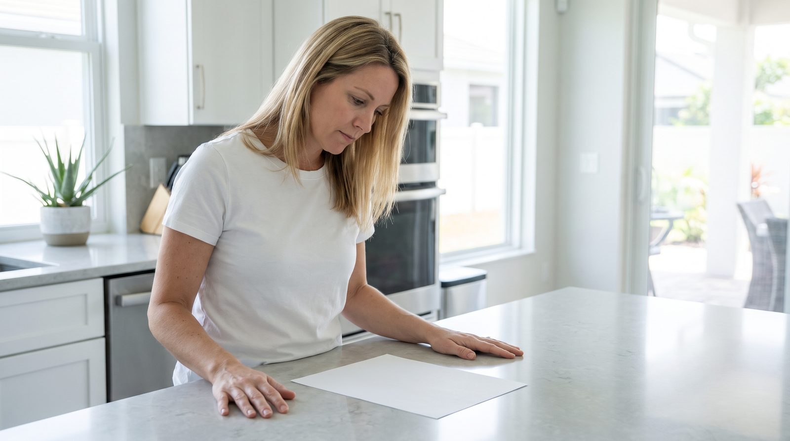 A woman leans over a single sheet of paper on a kitchen counter.