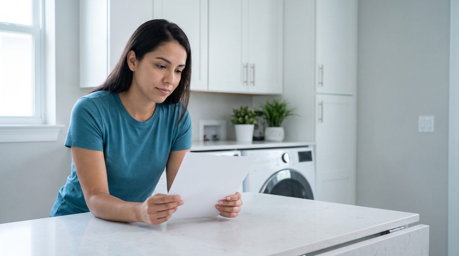 A woman reads paperwork at a laundromat folding table.