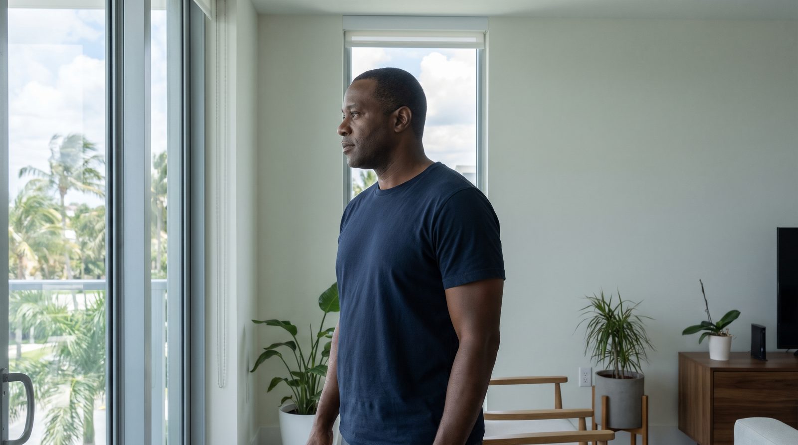 A man looks out a window with nothing in his hands.
