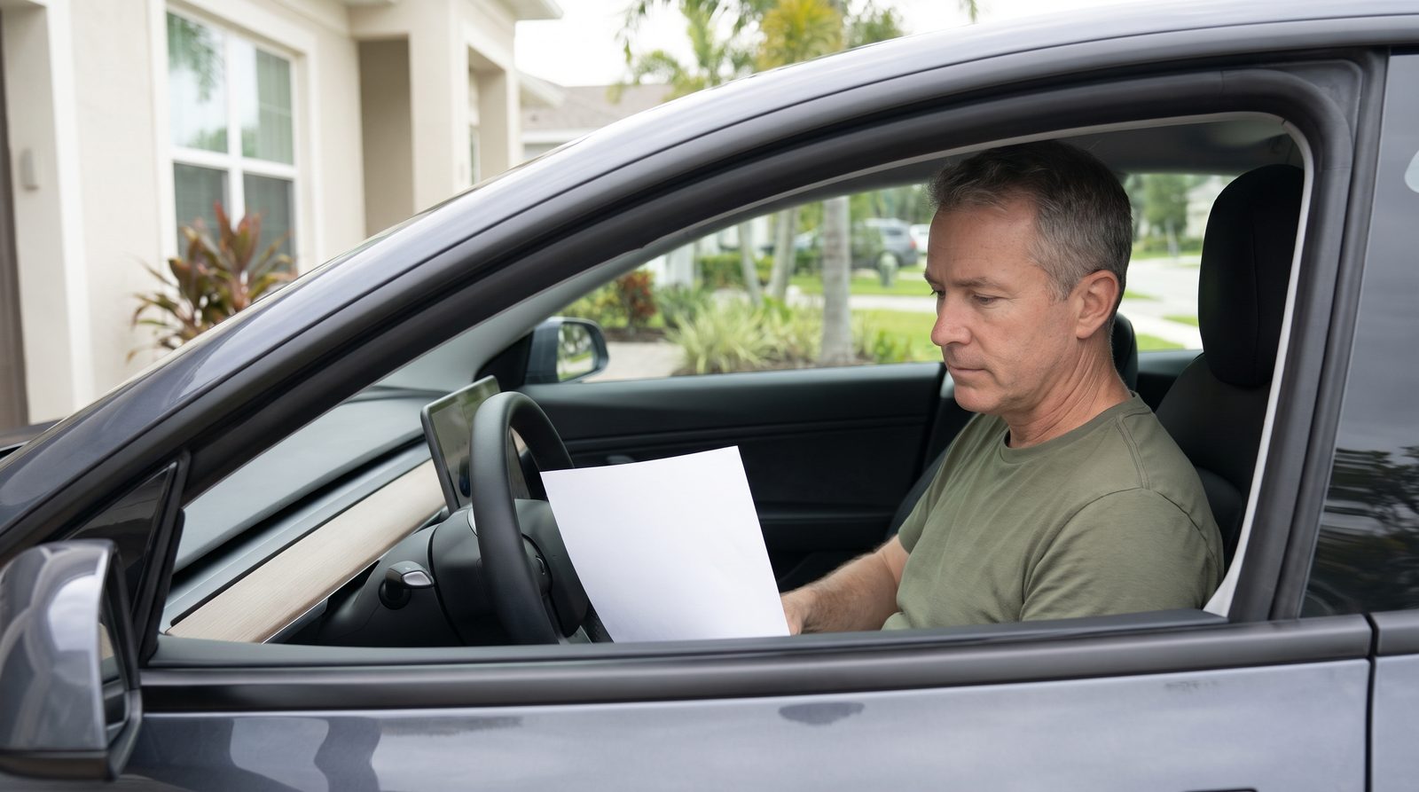 A man reads a document resting on the steering wheel of a parked car.