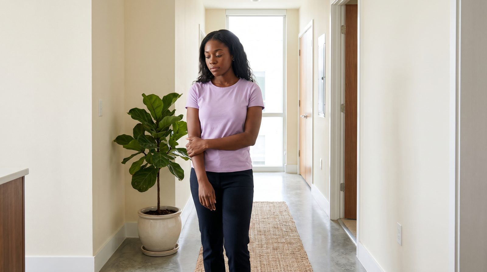 A woman waits in an apartment corridor outside a closed door.