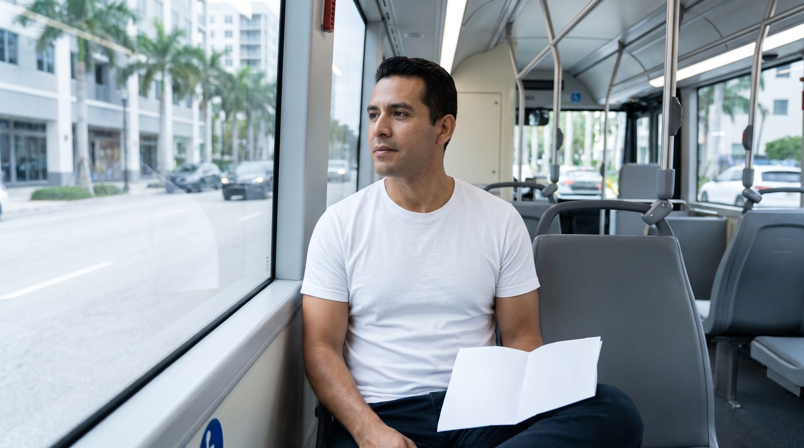 A man looks out the window of a city bus, a folded paper in his lap.