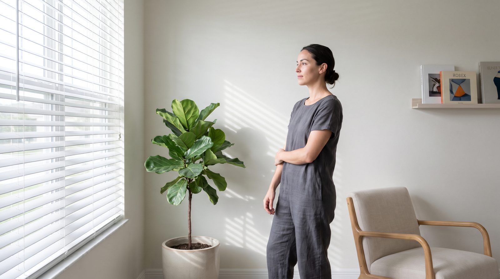 A woman stands beside a window with half-open blinds.