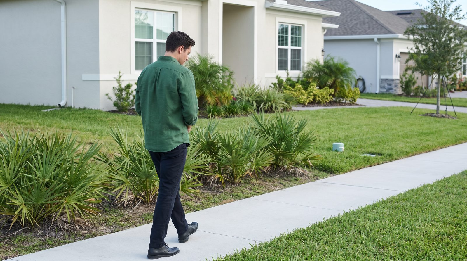 A man walks along a sidewalk beside low palms.