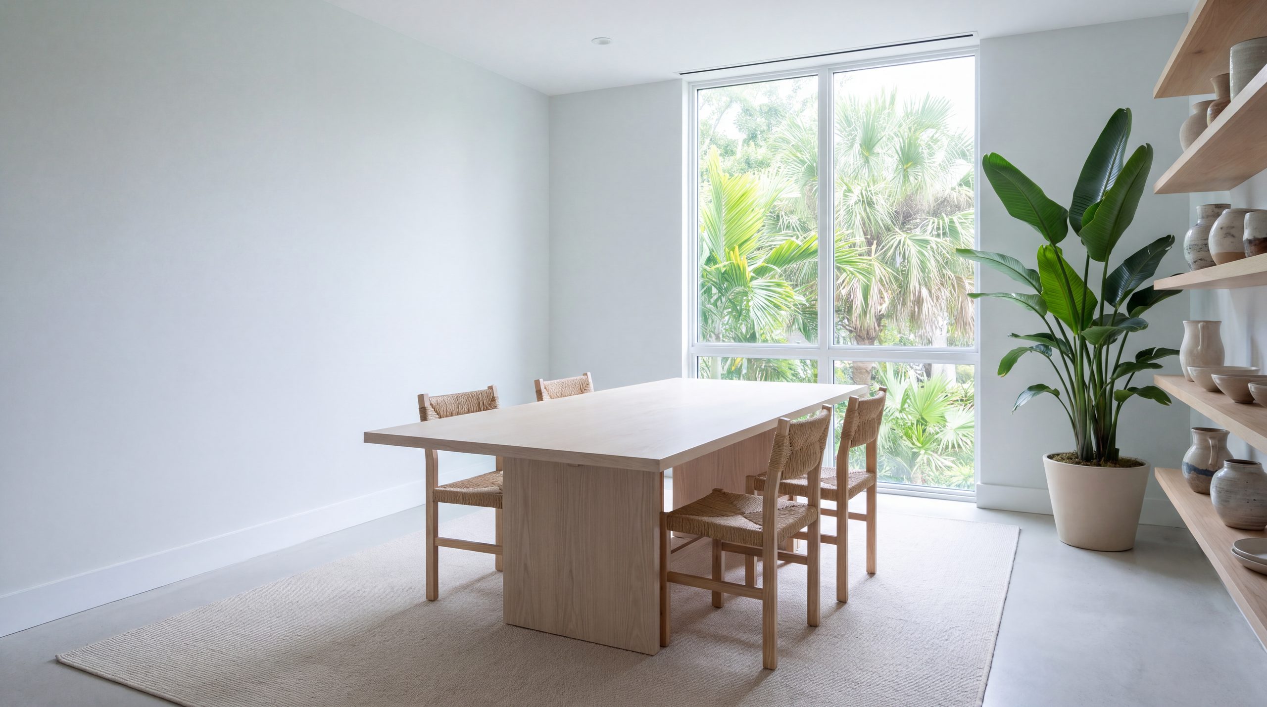 An empty table and two chairs beside a window with palms outside.