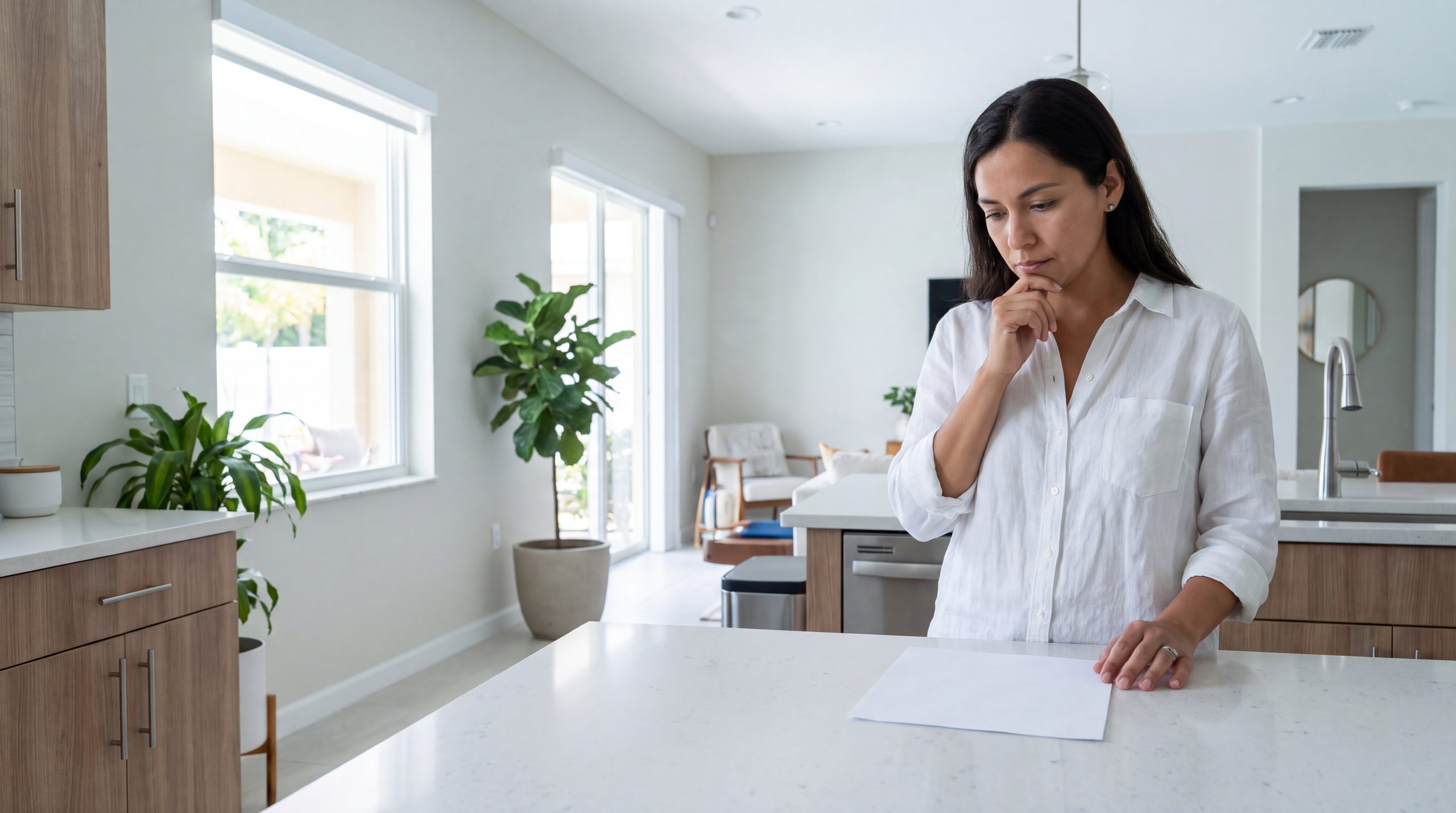 A woman stands at her kitchen counter looking down at a single page.