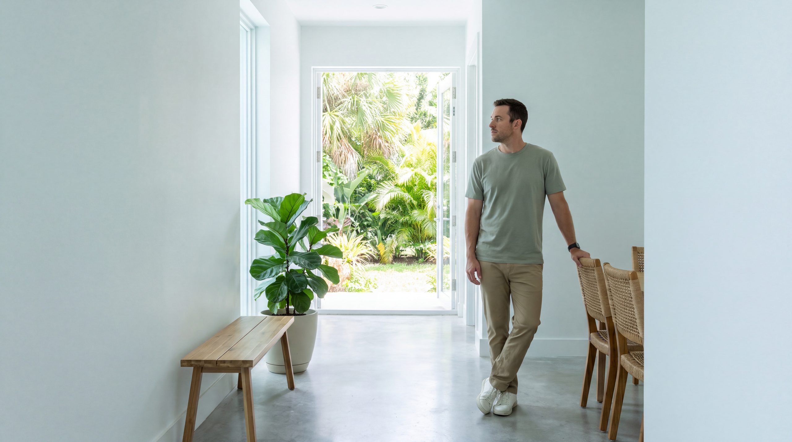 A man stands in the hallway of his home looking out at the garden.