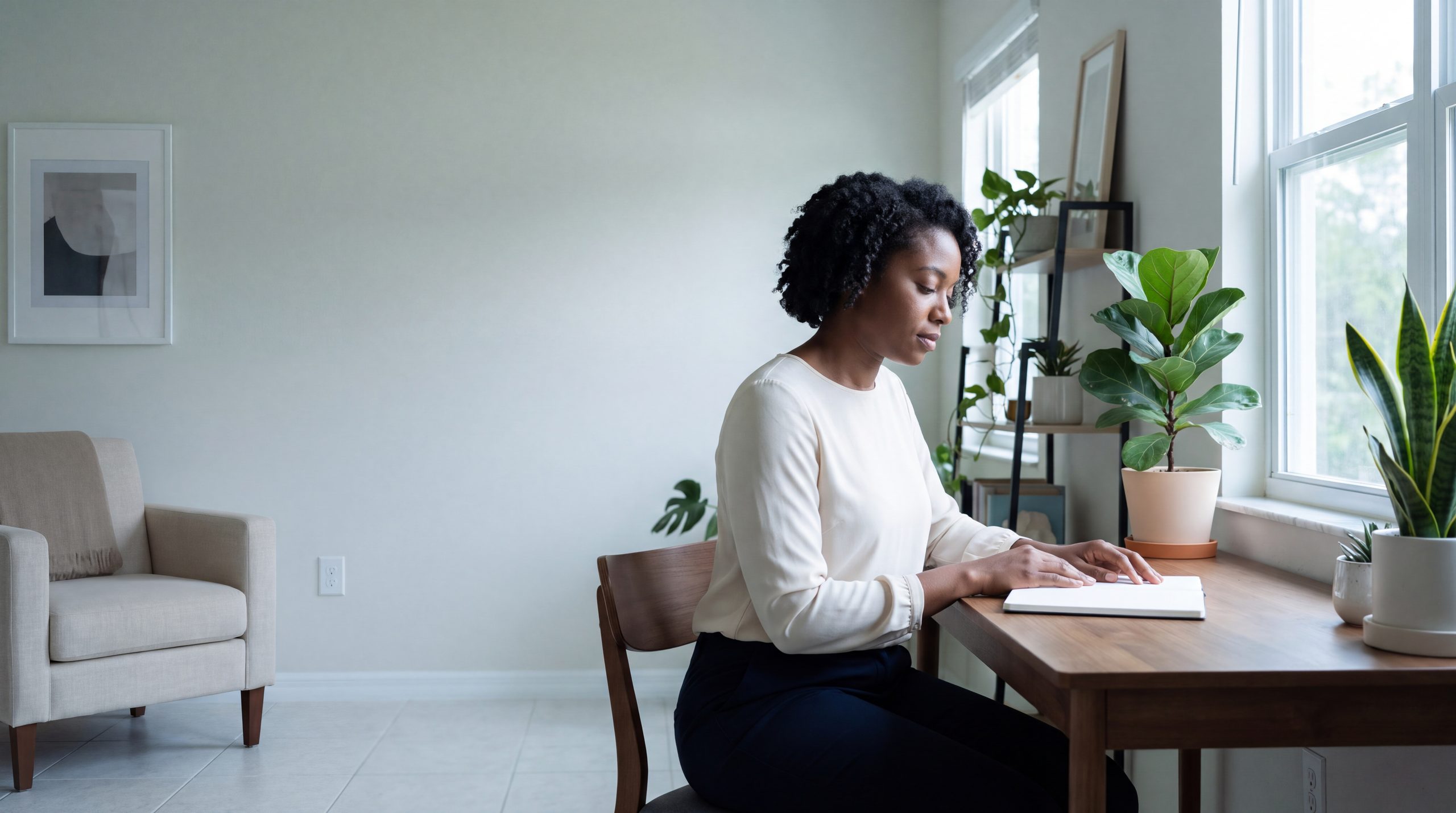 A woman sits at a desk by the window with a blank page in front of her.