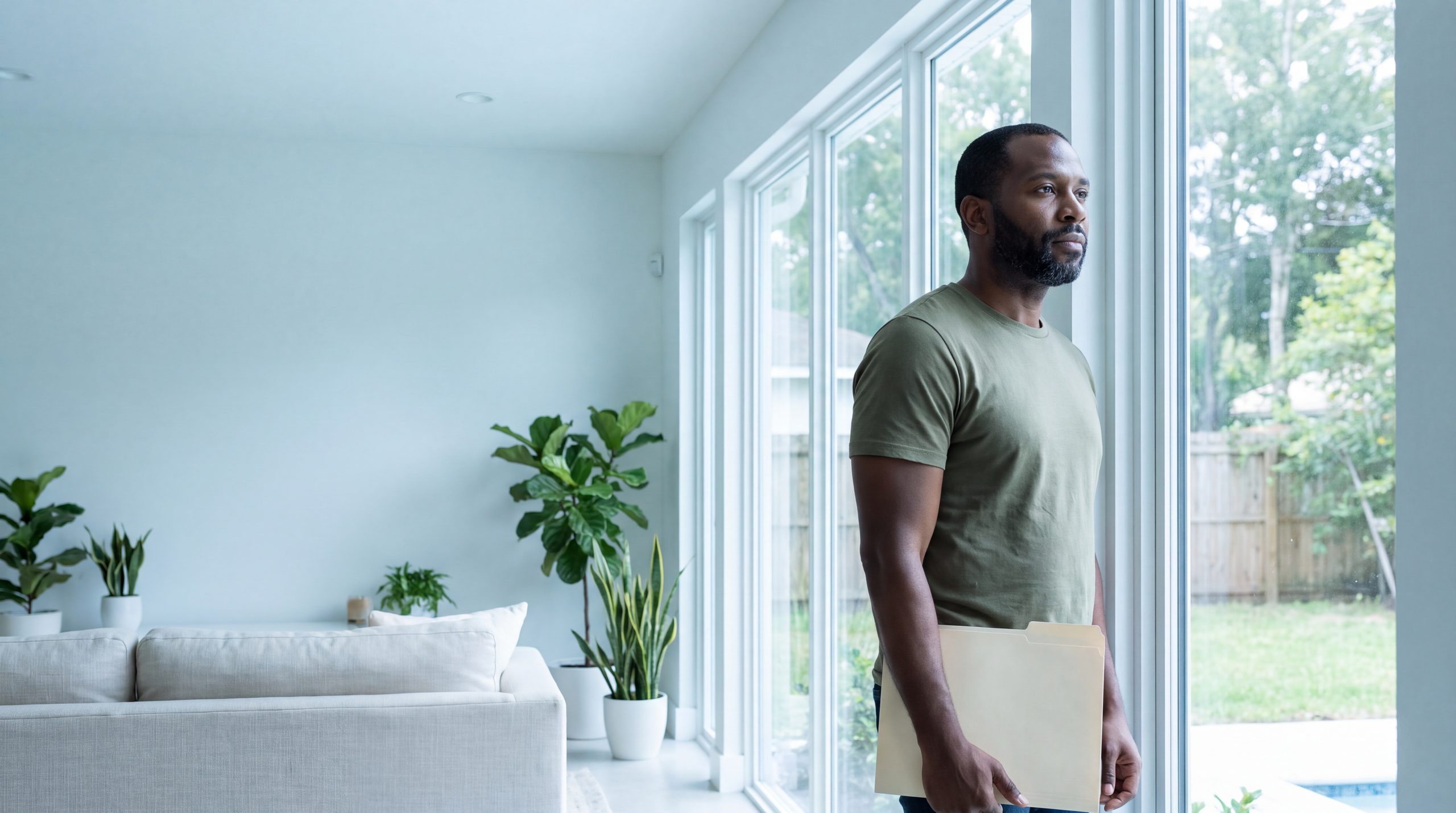 A man stands by the window of his living room holding a closed folder.