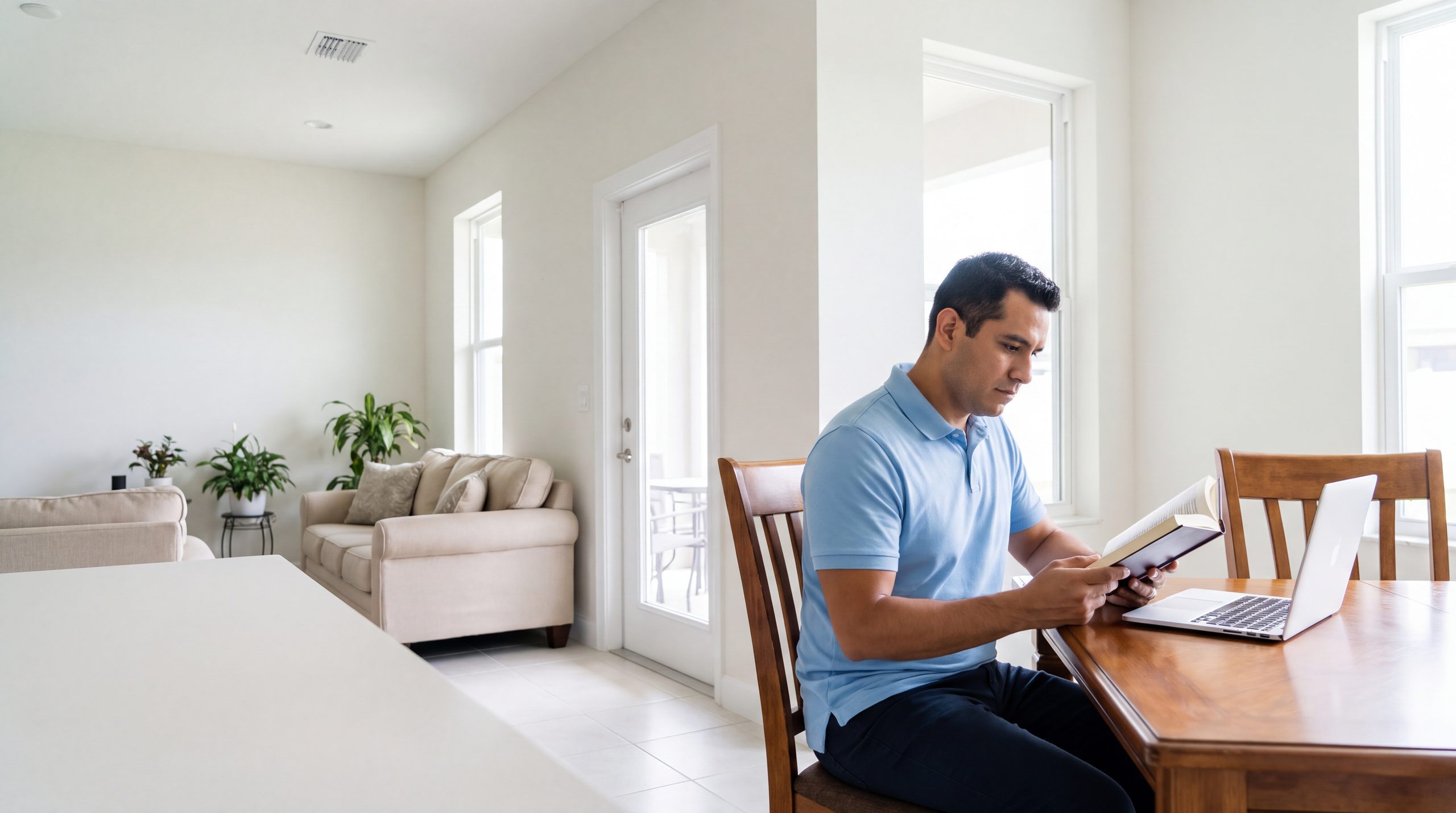 A man reads from a laptop at his dining table.