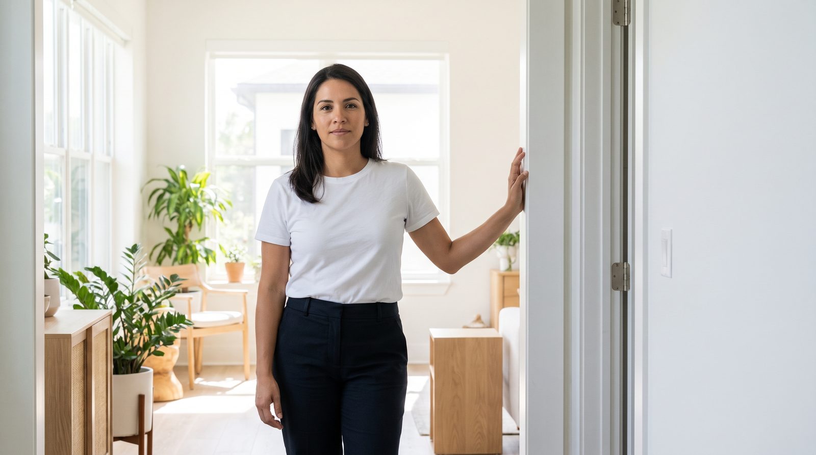 A woman stands in a doorway looking into an empty room.