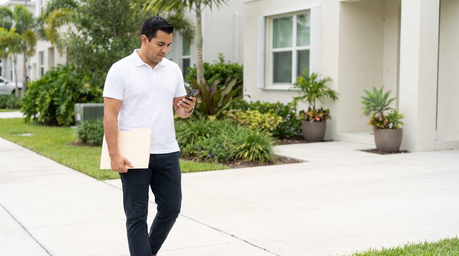 A man checks his phone on a sidewalk, a folder under one arm.