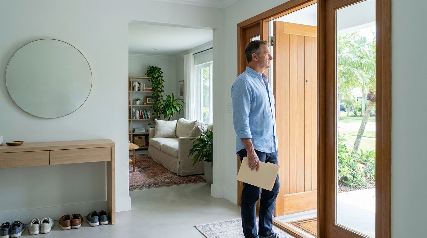 A man stands at his open front door holding a folder, looking out.