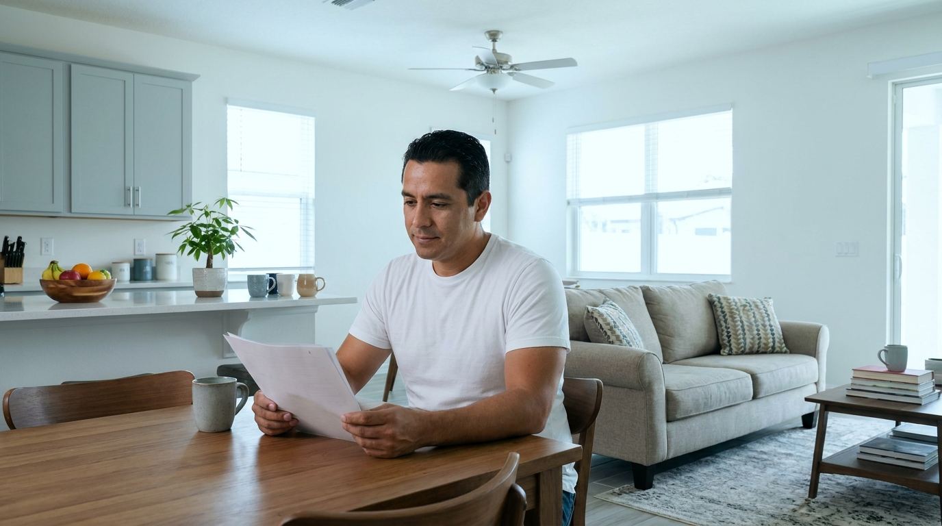 A man reads a page of paperwork at his dining table.