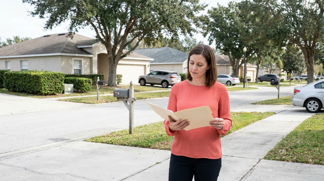 A woman stops on her street to read an open folder.