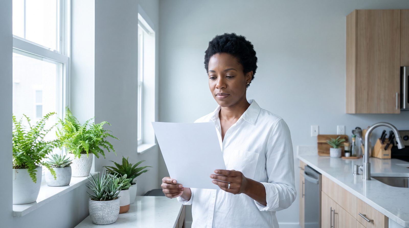 A woman reads a single sheet of paper at her kitchen window.