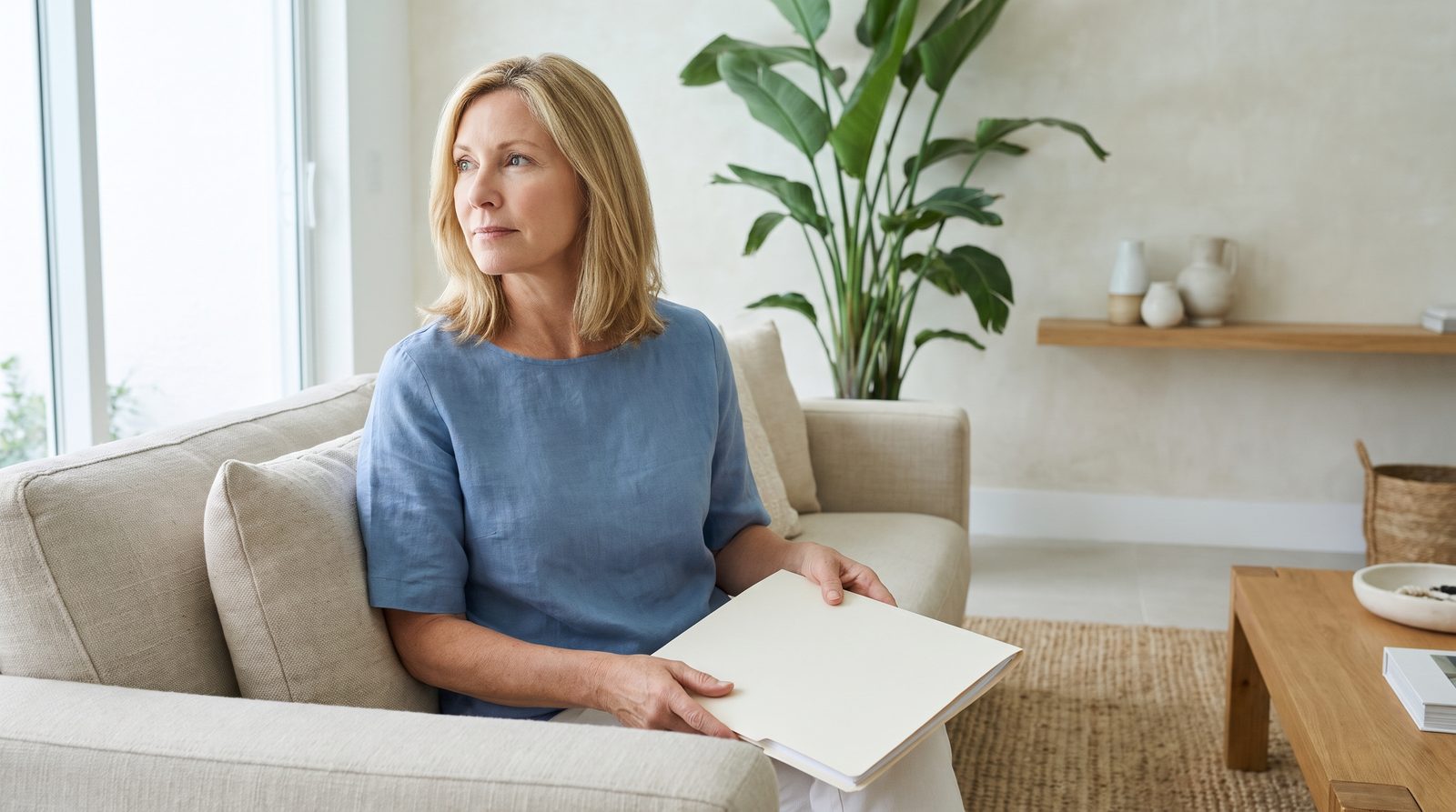 A woman sits on a sofa with a closed folder on her lap.