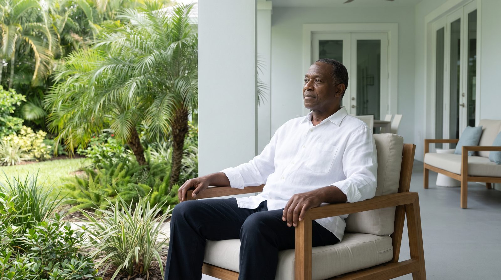 A man sits on a porch chair in evening light.