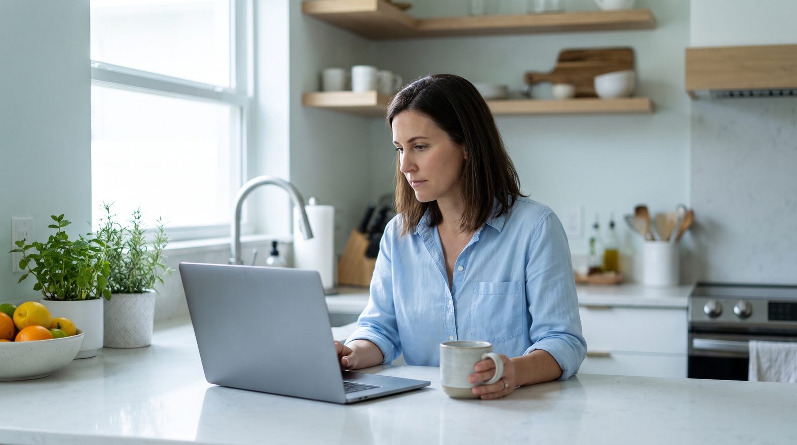 A woman reads from a laptop at her kitchen counter.
