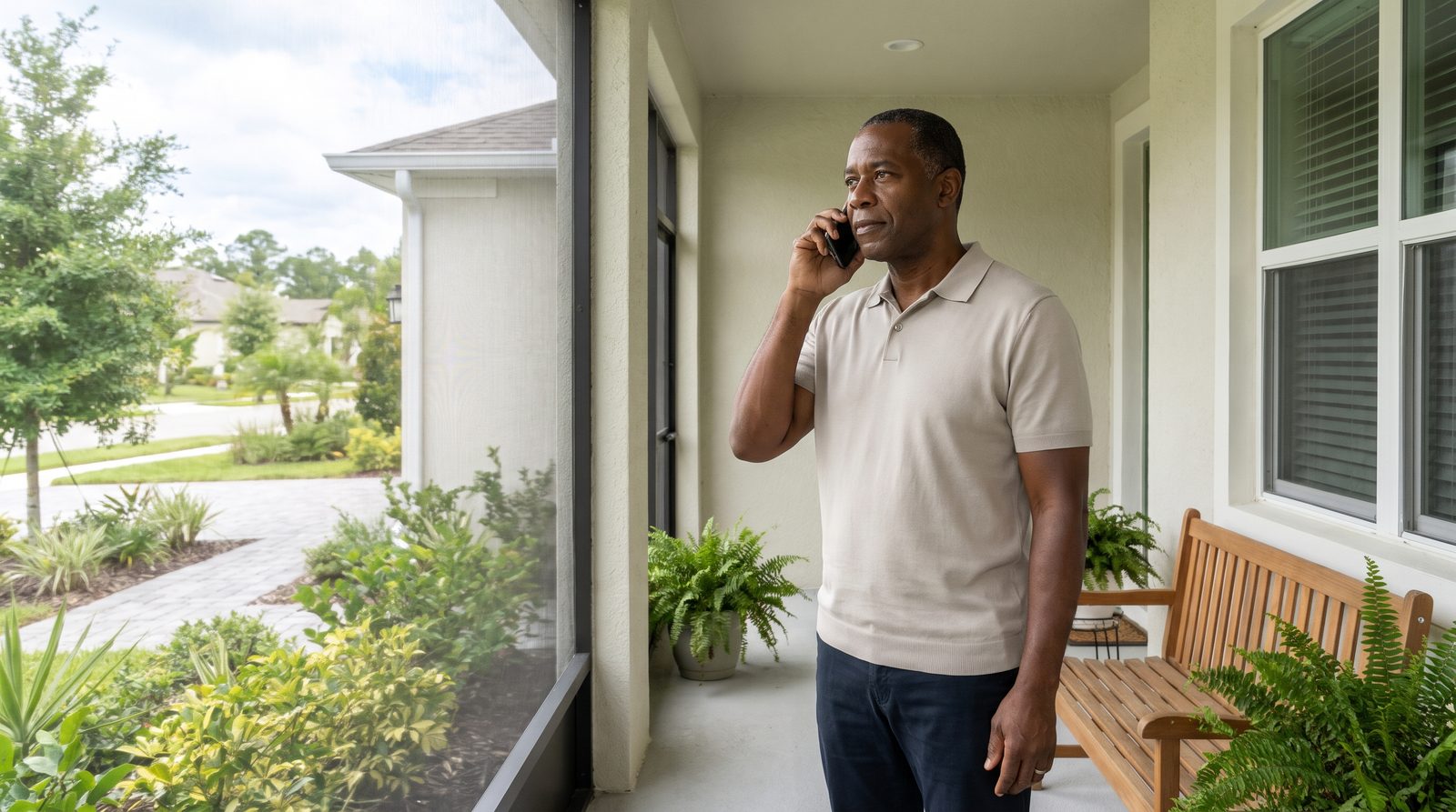 A man stands on his porch with a phone to his ear.