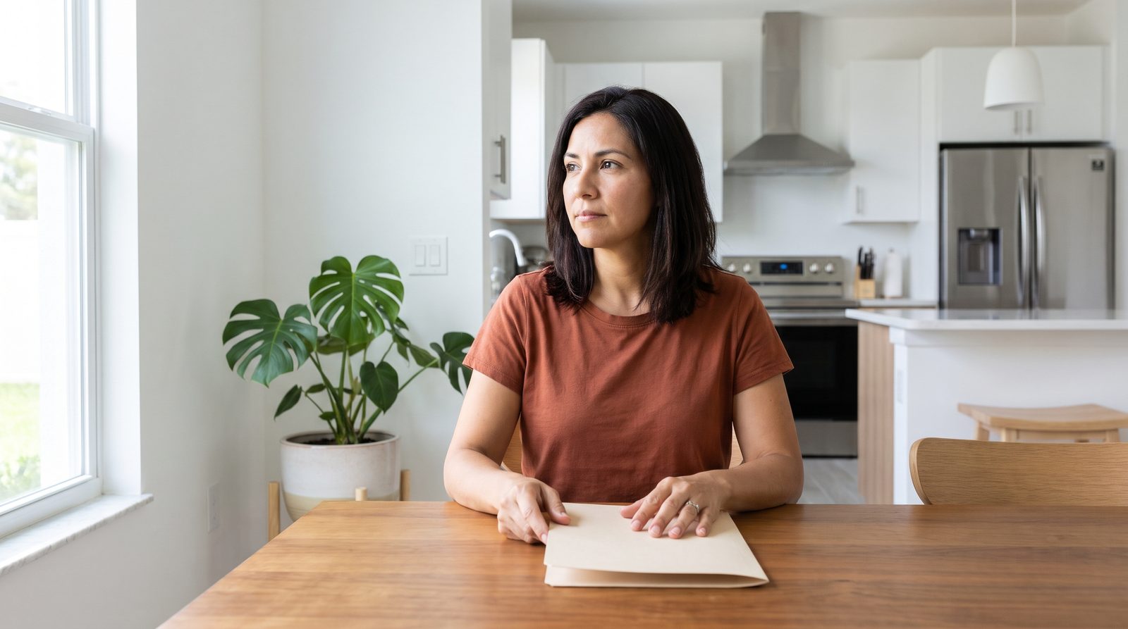 A woman closes a folder at her dining table.