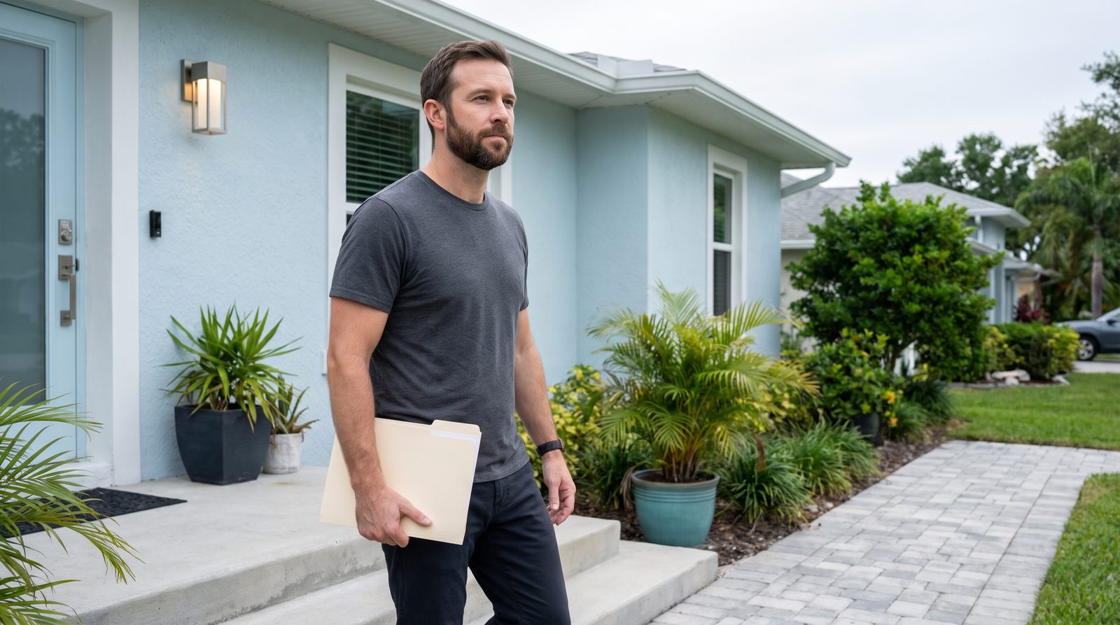 A man walks up the front steps of a house carrying a folder.